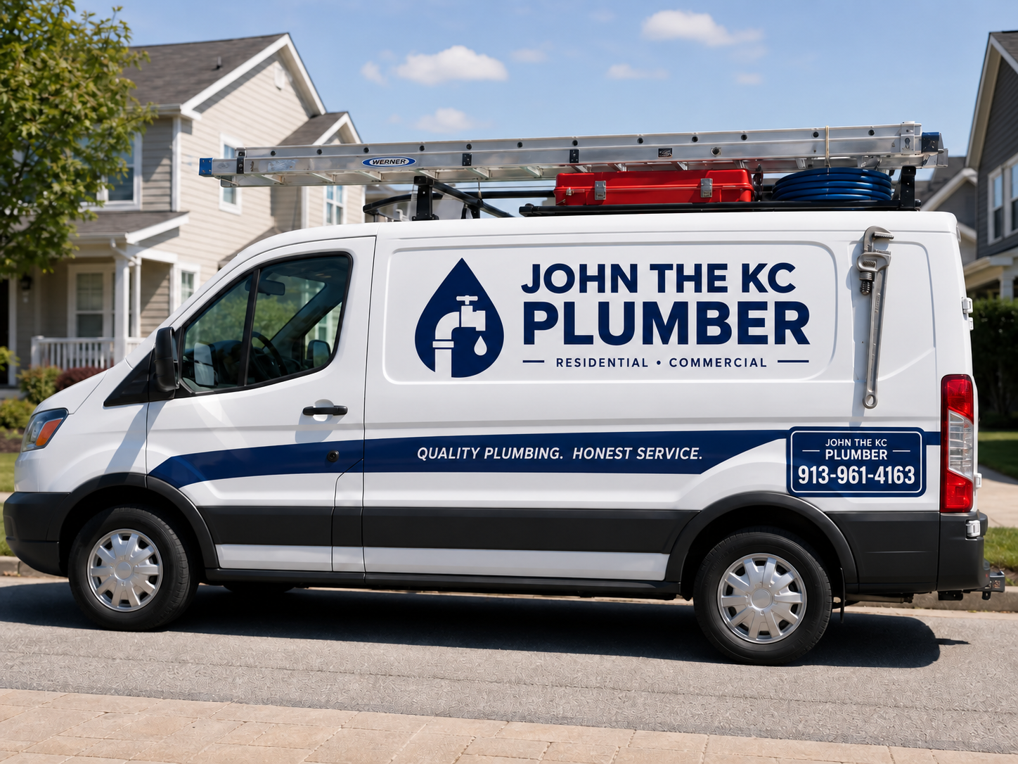 John's plumbing service van parked in a Kansas City KS residential neighborhood