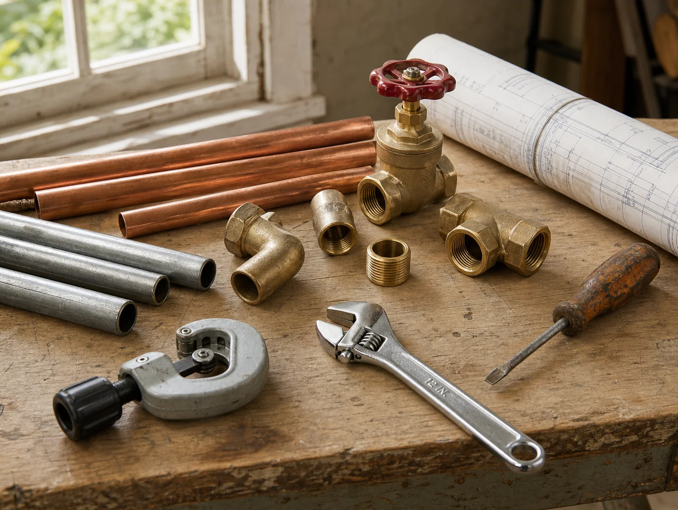 Copper plumbing pipes and brass valves
