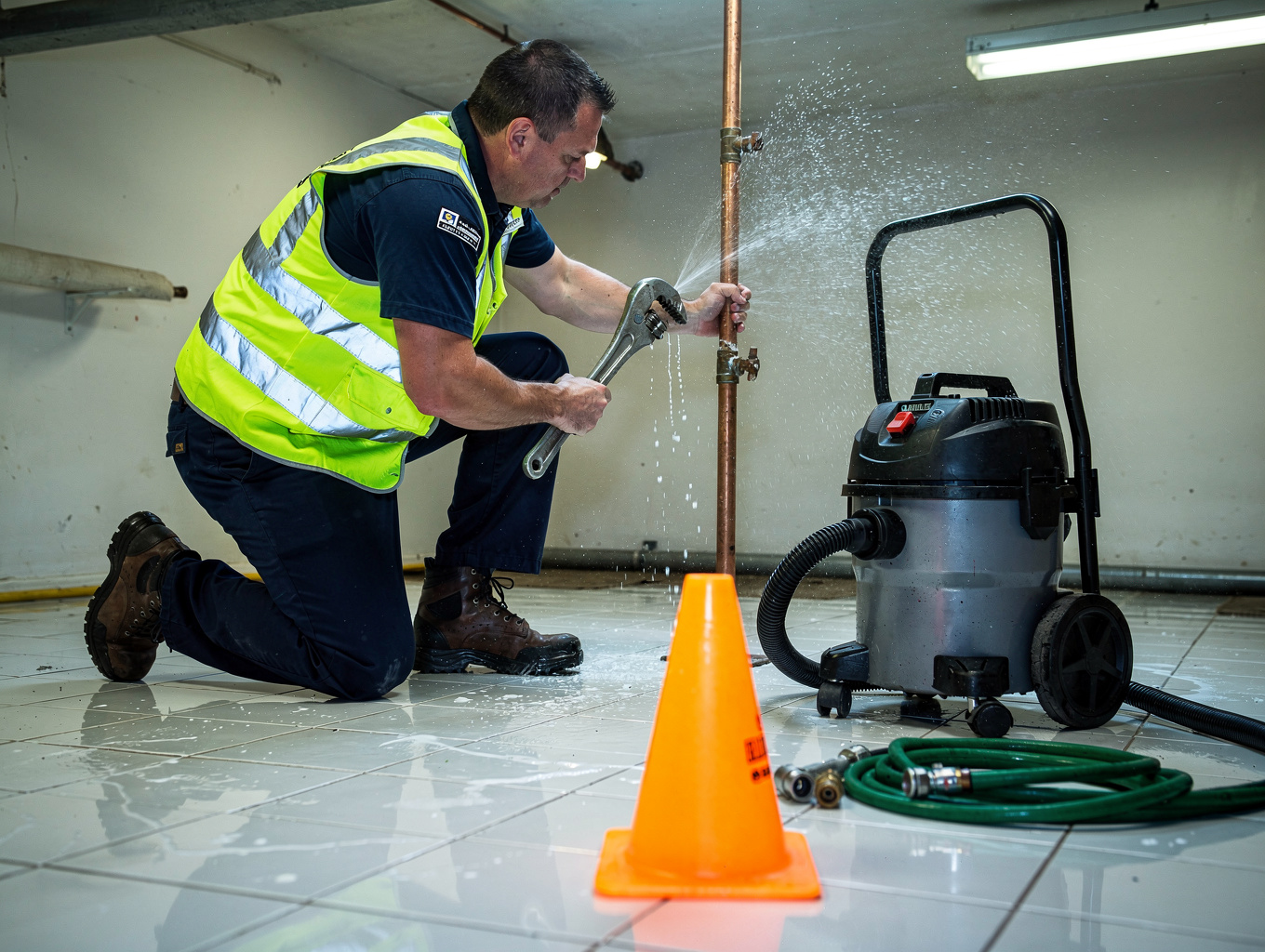 John the plumber performing an emergency pipe repair with professional trade tools