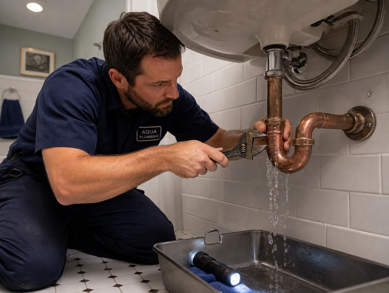 Diagnostic plumbing pressure gauge and pipe inspection in progress