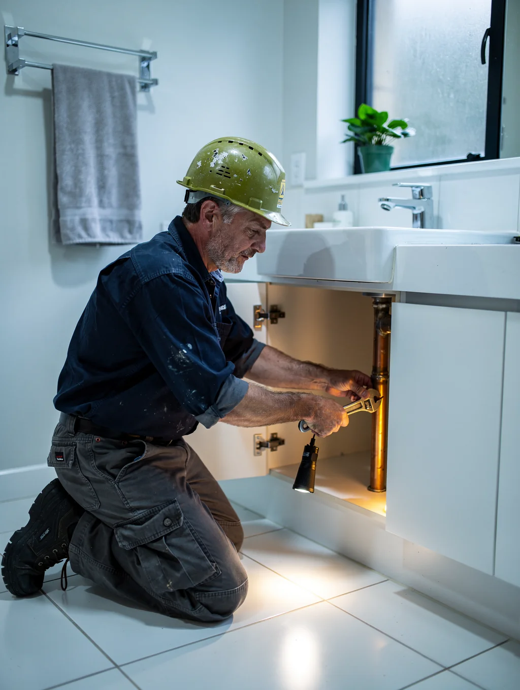 John inspecting and repairing a residential water heater in Kansas City