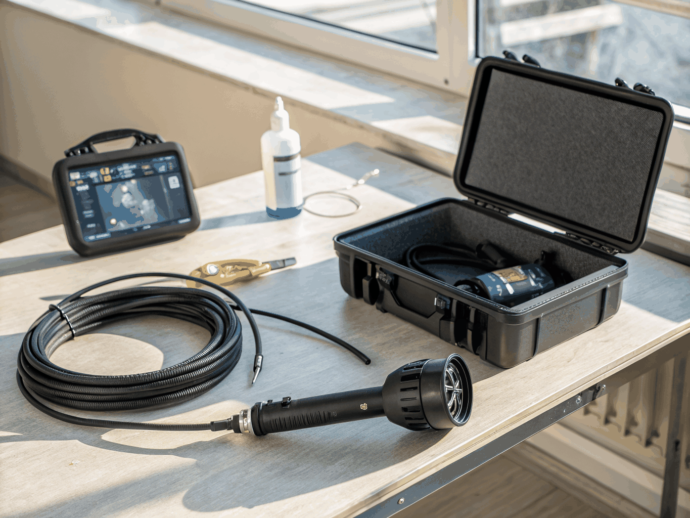 Motorized drain snake and inspection equipment ready in a Kansas City basement